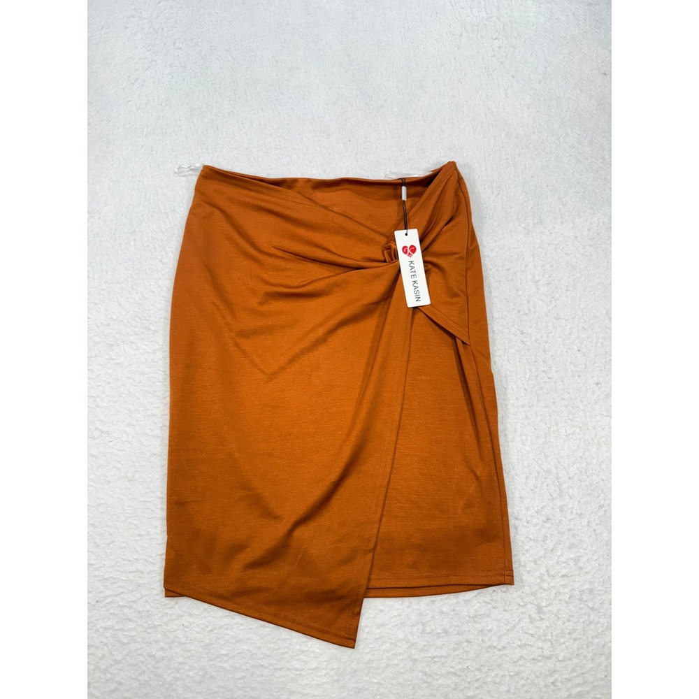 Kate Kasin Womens Rust Orange Twist Knot Front Tulip Hem Midi Skirt Size L